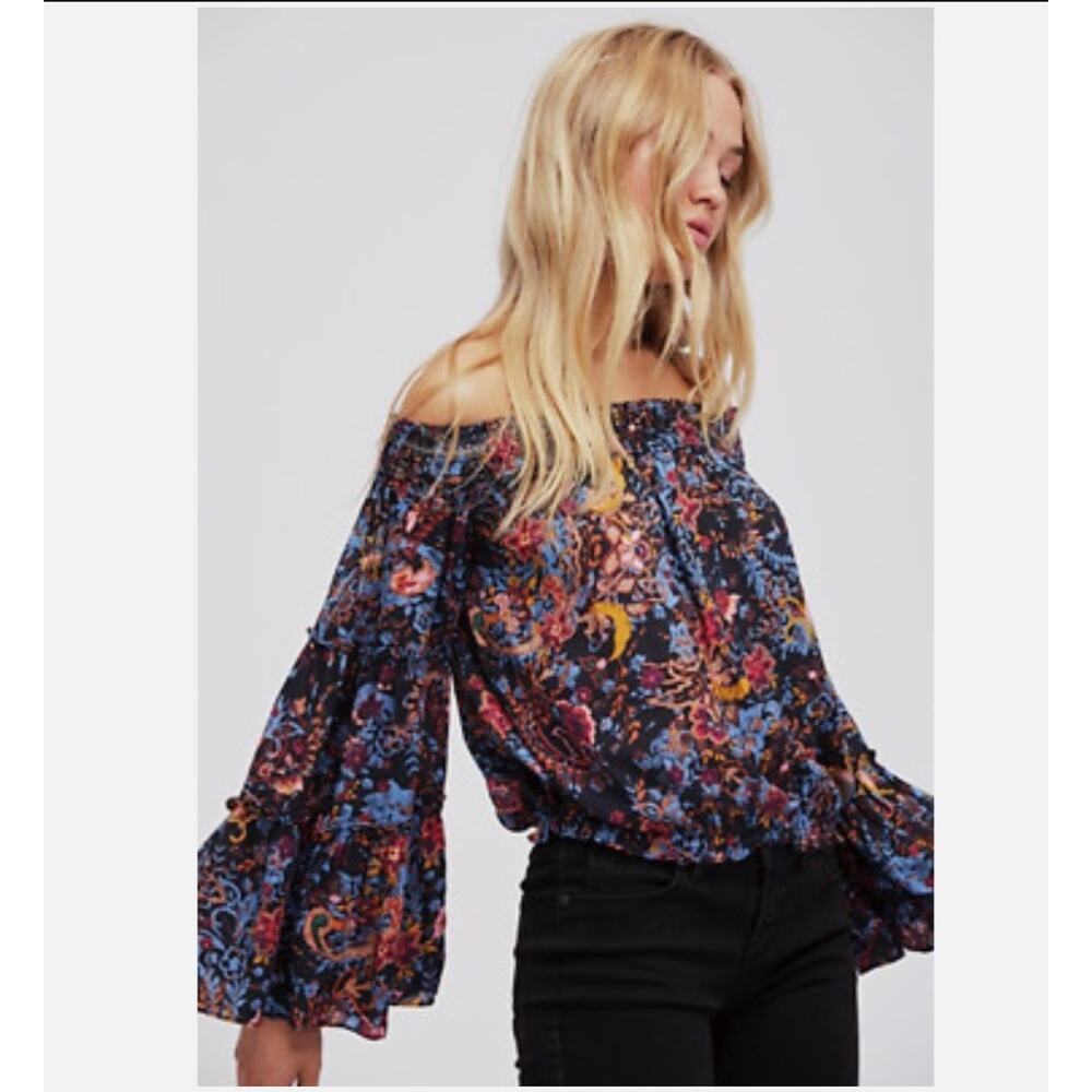 Free People Free Spirit Printed Off-The-Shoulder Bell Sleeve Top Boho Festival M